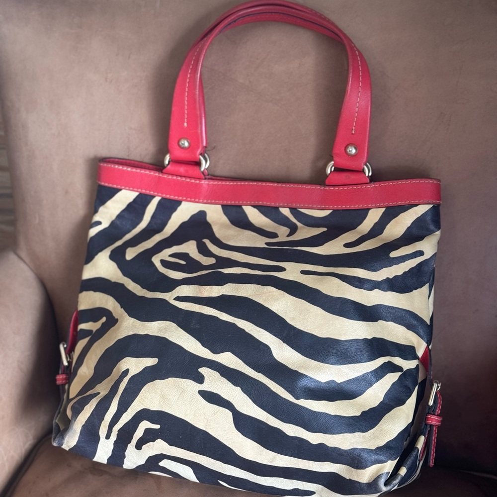 Dooney & Bourke Black and Cream Zebra Print Shoulder Bag with Red Trim - Picture 5 of 11